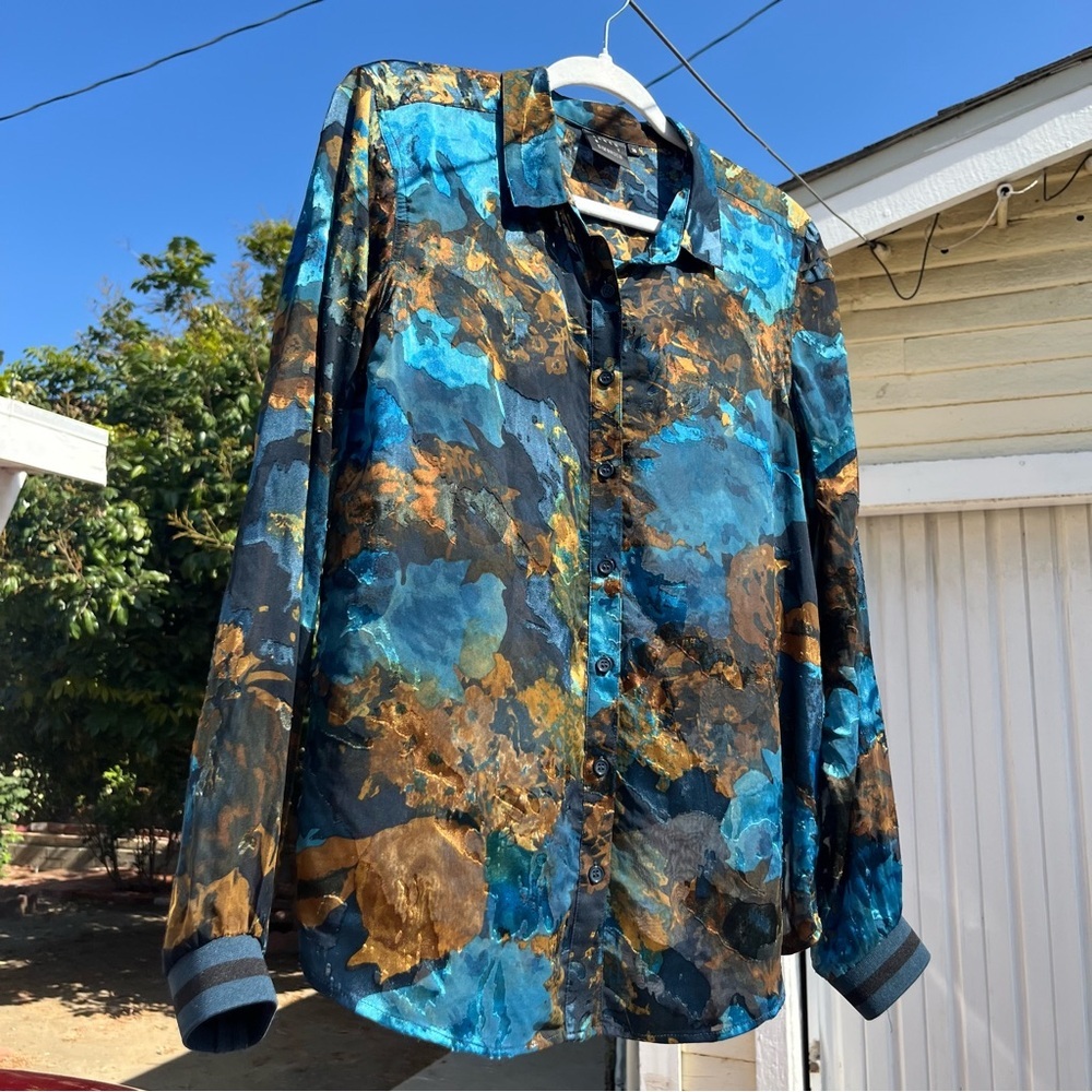 KAREN BY SIMONSEN‎ blue black sheer burnout abstract floral velvet blouse